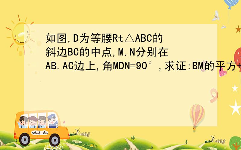 如图,D为等腰Rt△ABC的斜边BC的中点,M,N分别在AB.AC边上,角MDN=90°,求证:BM的平方+CN的平方=MN的平方