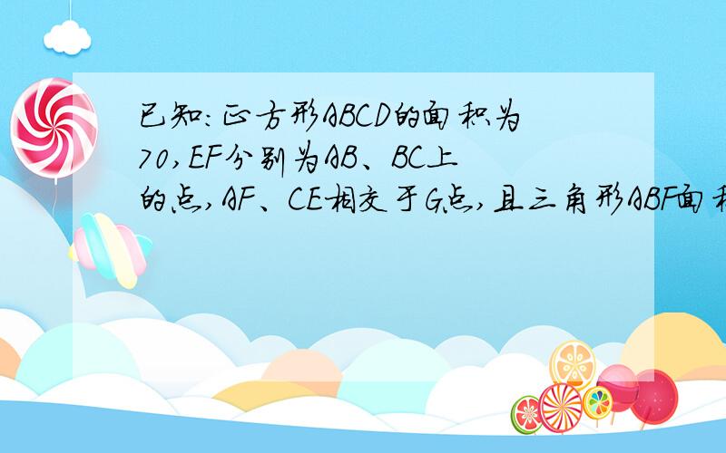 已知：正方形ABCD的面积为70,EF分别为AB、BC上的点,AF、CE相交于G点,且三角形ABF面积为5,三角形BCE面积为14.求四边形BEGF的面积.