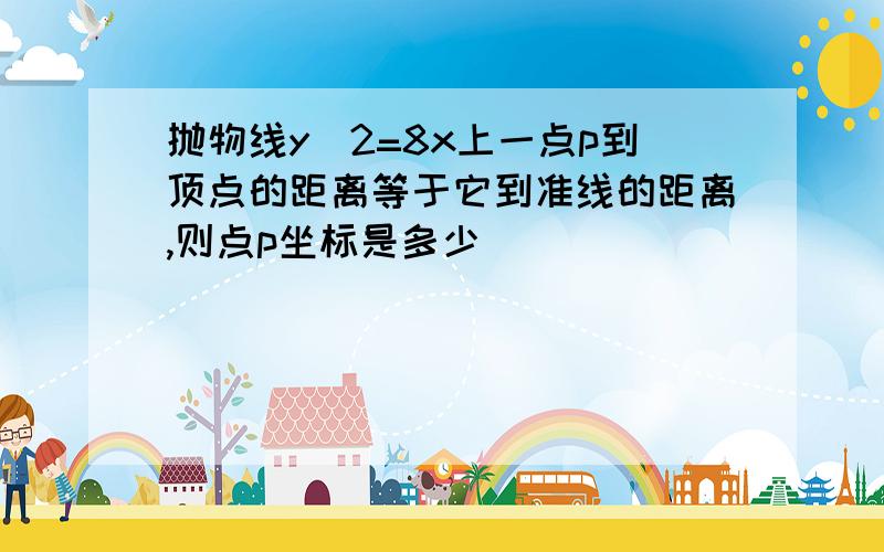 抛物线y^2=8x上一点p到顶点的距离等于它到准线的距离,则点p坐标是多少