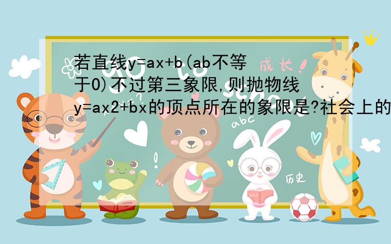 若直线y=ax+b(ab不等于0)不过第三象限,则抛物线y=ax2+bx的顶点所在的象限是?社会上的各行各业的人士们,拜托你们帮我解答此题,我感之不尽．