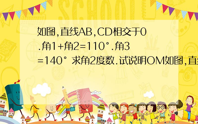 如图,直线AB,CD相交于0.角1+角2=110°.角3=140° 求角2度数.试说明OM如图,直线AB,CD相交于0.角1+角2=110°.角3=140° 求角2度数.试说明OM平分角AOD