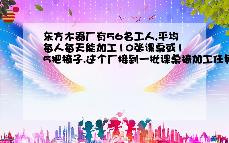 东方木器厂有56名工人,平均每人每天能加工10张课桌或15把椅子.这个厂接到一批课桌椅加工任务,要求1张课桌和2把椅子配成一套.要用最短的时间完成任务,应怎样安排加工课桌和椅子的工人人