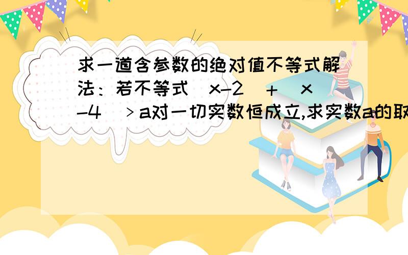 求一道含参数的绝对值不等式解法：若不等式|x-2|＋|x-4|﹥a对一切实数恒成立,求实数a的取值范围.可不可以请高手顺便讲解一下这类含参绝对值不等式的思考方式与格式,因为鄙人是初学者不