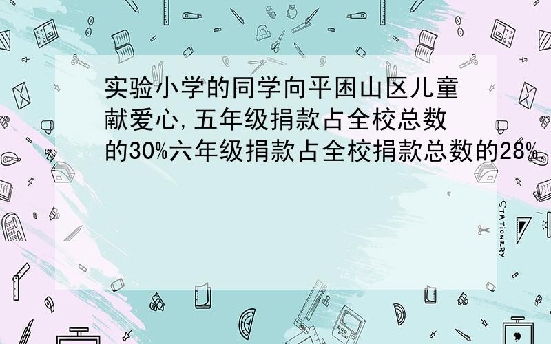 实验小学的同学向平困山区儿童献爱心,五年级捐款占全校总数的30%六年级捐款占全校捐款总数的28%.实验小学的同学共捐款多少元?