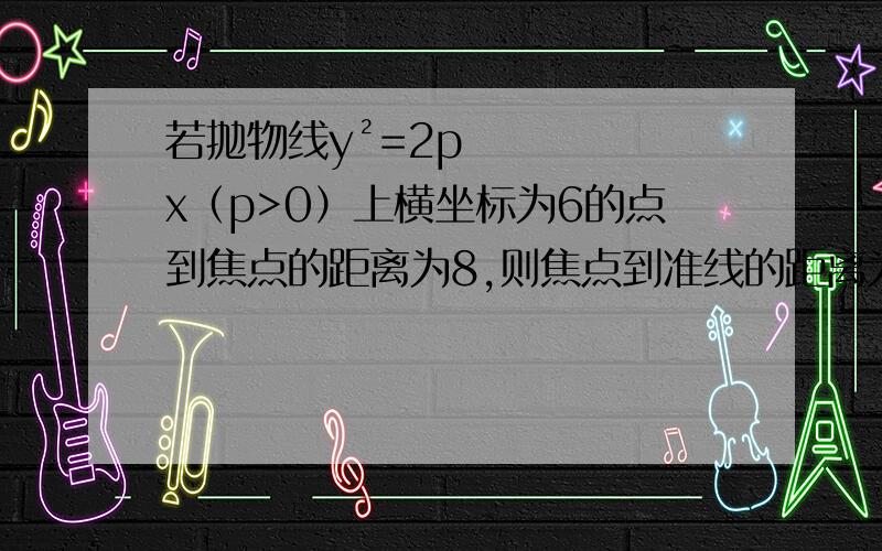 若抛物线y²=2px（p>0）上横坐标为6的点到焦点的距离为8,则焦点到准线的距离为