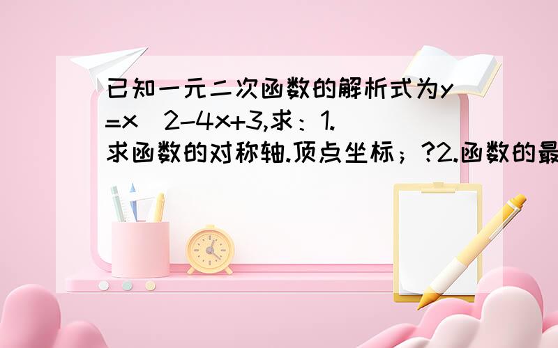 已知一元二次函数的解析式为y=x^2-4x+3,求：1.求函数的对称轴.顶点坐标；?2.函数的最小值 3.函数图象与x轴的交点坐标?4.当X取什么范围时 y>0 y