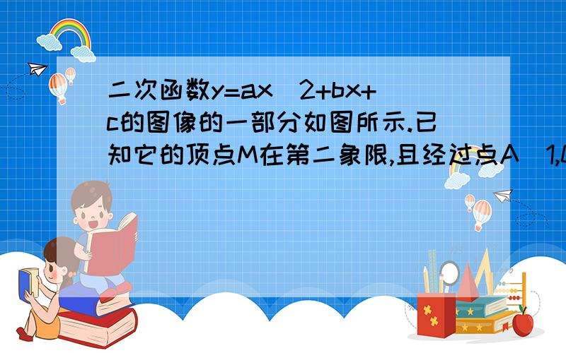 二次函数y=ax^2+bx+c的图像的一部分如图所示.已知它的顶点M在第二象限,且经过点A（1,0）和点B（0,1）（1）请判断实数a的取值范围,并说明理由（2）设此二次函数的图像与x轴的另一个交点为C,