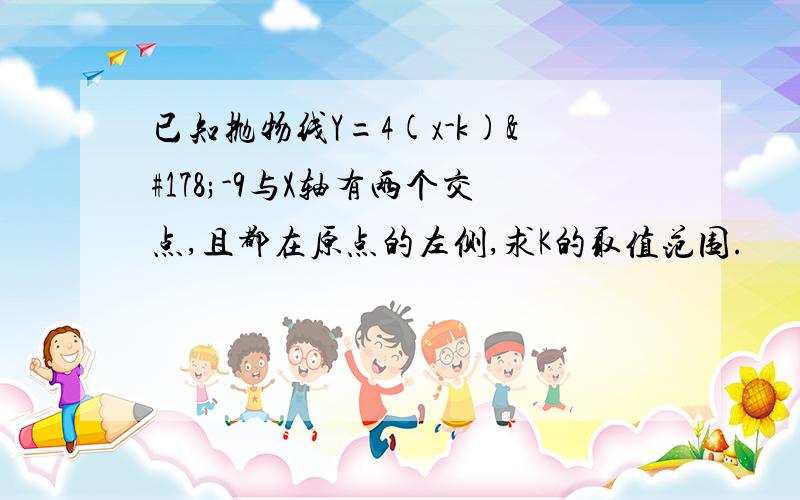 已知抛物线Y=4(x-k)²-9与X轴有两个交点,且都在原点的左侧,求K的取值范围.