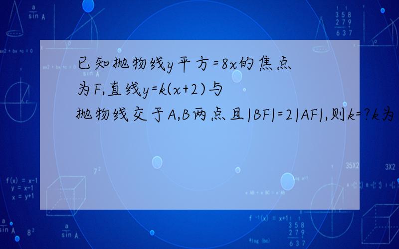 已知抛物线y平方=8x的焦点为F,直线y=k(x+2)与抛物线交于A,B两点且|BF|=2|AF|,则k=?k为正数