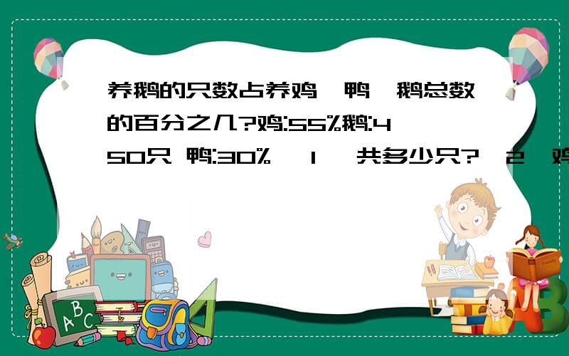 养鹅的只数占养鸡、鸭、鹅总数的百分之几?鸡:55%鹅:450只 鸭:30% 【1】 共多少只?【2】鸡鸭各多少只 答得好给20