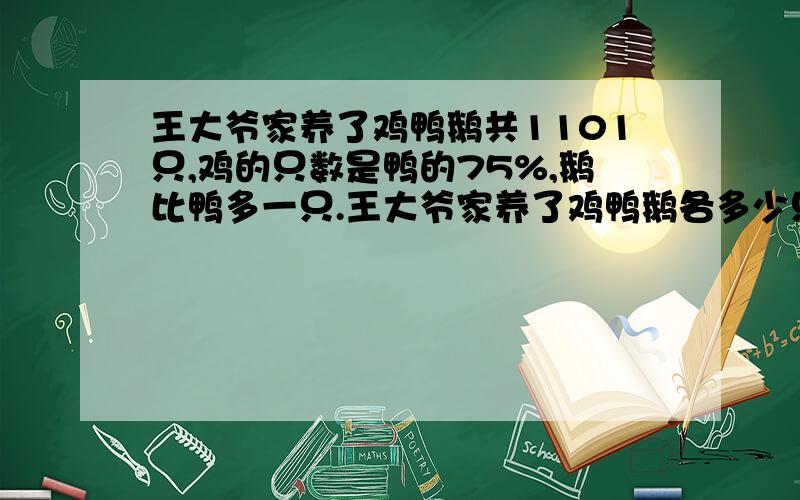 王大爷家养了鸡鸭鹅共1101只,鸡的只数是鸭的75%,鹅比鸭多一只.王大爷家养了鸡鸭鹅各多少只?