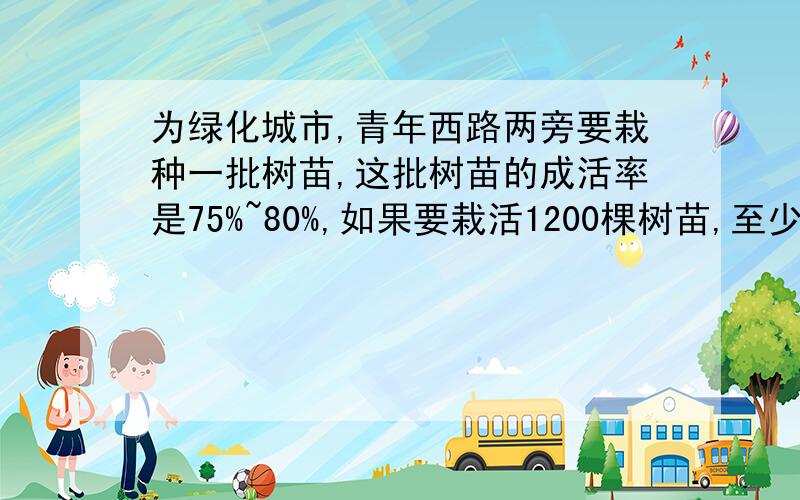 为绿化城市,青年西路两旁要栽种一批树苗,这批树苗的成活率是75%~80%,如果要栽活1200棵树苗,至少要栽种