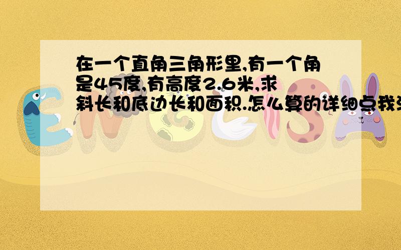 在一个直角三角形里,有一个角是45度,有高度2.6米,求斜长和底边长和面积.怎么算的详细点我没有上过学我要详细点求三角形的两条边谢谢各位了要快急需要