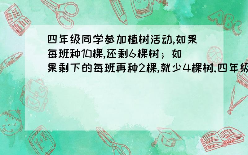 四年级同学参加植树活动,如果每班种10棵,还剩6棵树；如果剩下的每班再种2棵,就少4棵树.四年级一共植树过    程    哦别     搞     忘   了 算式有没的带盈亏公式的算式