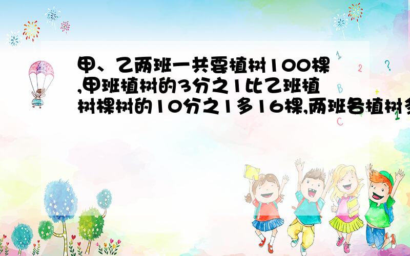 甲、乙两班一共要植树100棵,甲班植树的3分之1比乙班植树棵树的10分之1多16棵,两班各植树多少棵?