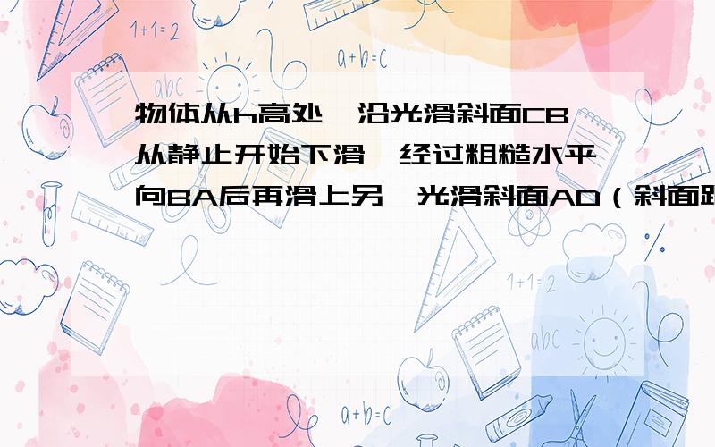 物体从h高处,沿光滑斜面CB从静止开始下滑,经过粗糙水平向BA后再滑上另一光滑斜面AD（斜面跟水平面交接处对物体的撞击作用忽略不计）,在往复运动过程中,如果使物体最终恰好静止在BA中点