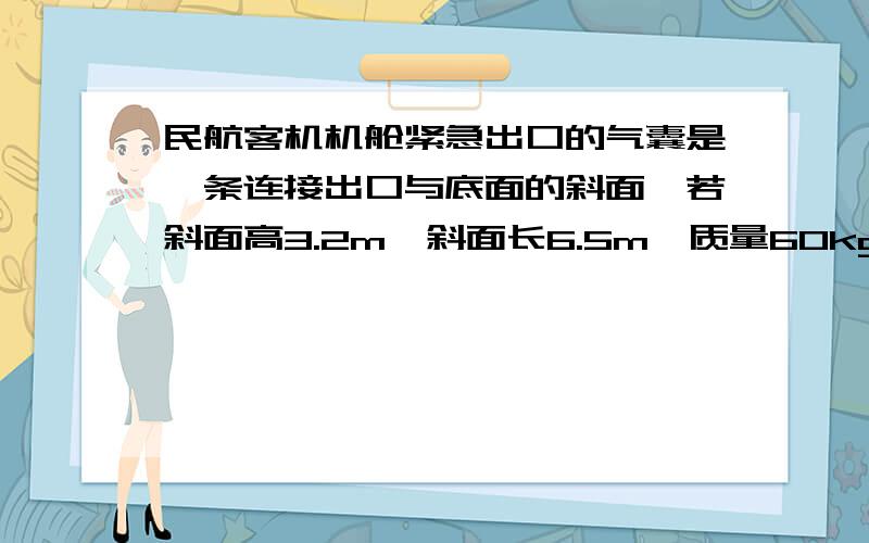 民航客机机舱紧急出口的气囊是一条连接出口与底面的斜面　若斜面高3.2m　斜面长6.5m　质量60kg的人沿斜面滑下时所受的阻力是240N　求人滑至底端时的速度用动能定理解动能：1/2mv^2=30v^2重