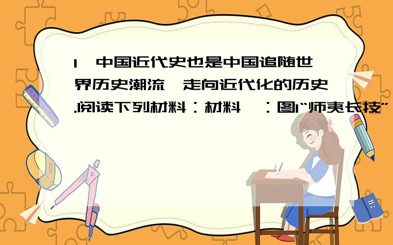 1、中国近代史也是中国追随世界历史潮流,走向近代化的历史.阅读下列材料：材料一：图1“师夷长技” 图2变法图强 图3 孙中山 图4陈独秀材料二：“西洋人因为拥护‘德先生’（指民主）