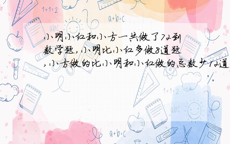 小明小红和小方一共做了72到数学题,小明比小红多做8道题,小方做的比小明和小红做的总数少12道,三人各做对少道?