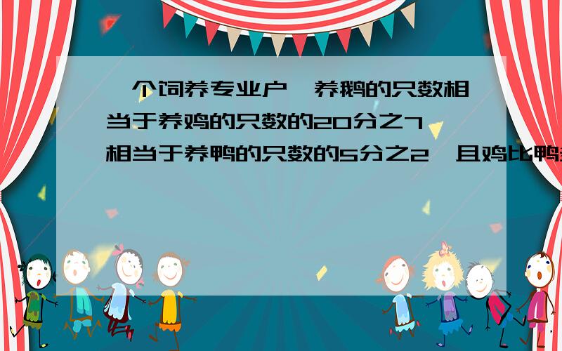 一个饲养专业户,养鹅的只数相当于养鸡的只数的20分之7,相当于养鸭的只数的5分之2,且鸡比鸭多10只.这个饲养专业户各养了多少只鸡、鸭、鹅?