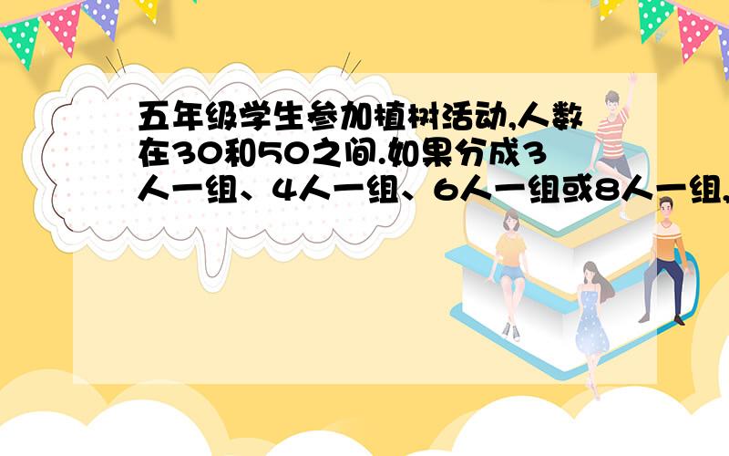 五年级学生参加植树活动,人数在30和50之间.如果分成3人一组、4人一组、6人一组或8人一组,都恰好分完.五年级有多少人参加了植树活动?