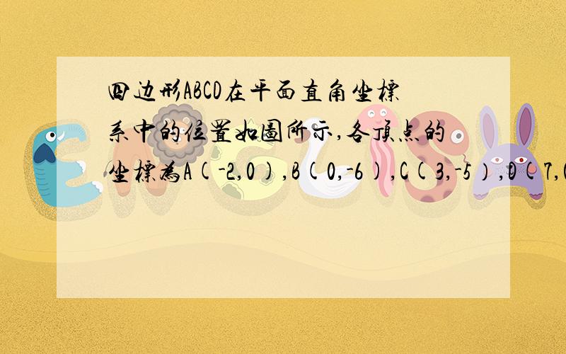 四边形ABCD在平面直角坐标系中的位置如图所示,各顶点的坐标为A(-2,0),B(0,-6),C(3,-5）,D(7,0),四边形ABCD在平面直角坐标系中的位置如图所示,各顶点的坐标为A(-2,0),B(0,-6),C(3,-5）,D(7,0),求△ABC的面积