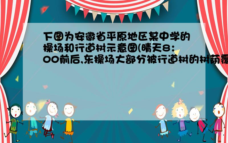 下图为安徽省平原地区某中学的操场和行道树示意图(晴天8：00前后,东操场大部分被行道树的树荫覆盖).为充分利用树荫遮阳,6月某日16：00-16：45该校某班同学上体育课的最佳场地是 A.①   B.