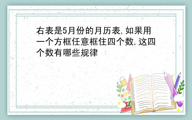 右表是5月份的月历表,如果用一个方框任意框住四个数,这四个数有哪些规律