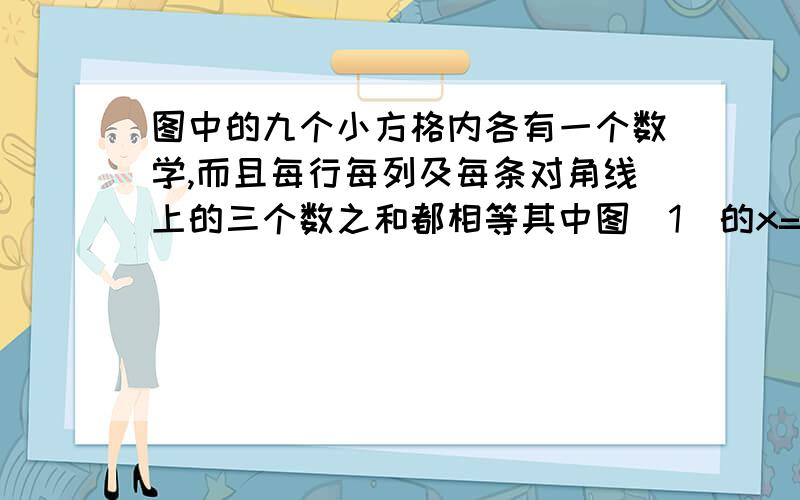 图中的九个小方格内各有一个数学,而且每行每列及每条对角线上的三个数之和都相等其中图（1）的x=?图（2）的y=?