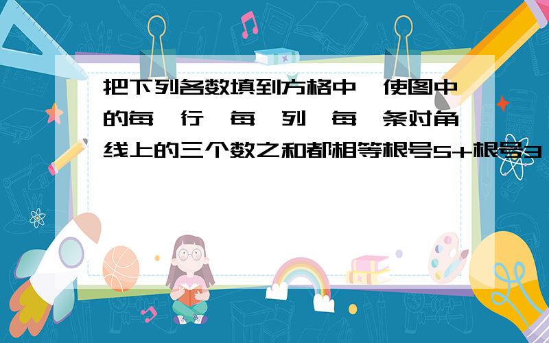 把下列各数填到方格中,使图中的每一行,每一列,每一条对角线上的三个数之和都相等根号5+根号3 ,根号5 ,根号3 ,0 ,根号5-根号3 ,根号3-根号5,-根号3,-根号5 ,-根号5-根号3方格就是3×3的正方形 ,共