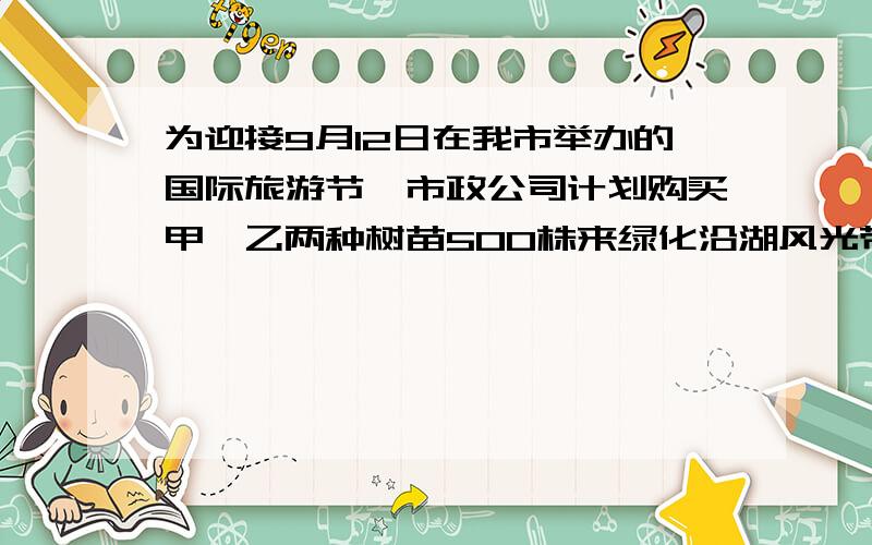 为迎接9月12日在我市举办的国际旅游节,市政公司计划购买甲、乙两种树苗500株来绿化沿湖风光带.已知甲种树苗每株50元,乙种树苗每株80元,有关统计表明：甲、乙两种树苗的成活率分别为90%