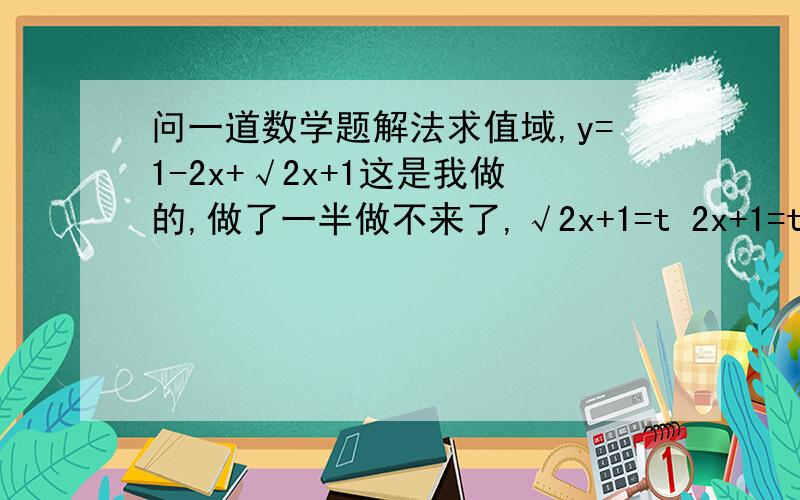 问一道数学题解法求值域,y=1-2x+√2x+1这是我做的,做了一半做不来了,√2x+1=t 2x+1=t^2x=t^2-1/2y=1-(t^2-1)+ty=1-t^2+1+ty=2-t^2+t