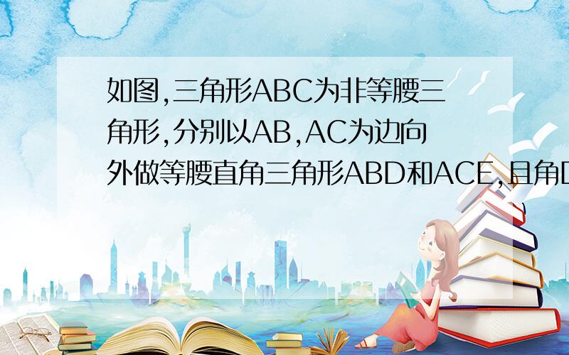 如图,三角形ABC为非等腰三角形,分别以AB,AC为边向外做等腰直角三角形ABD和ACE,且角DAB等于角EAC等于90度试猜想角BFC等于多少度 ,并证明你的猜想!