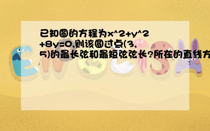 已知圆的方程为x^2+y^2+8y=0,则该圆过点(3,5)的最长弦和最短弦弦长?所在的直线方程?