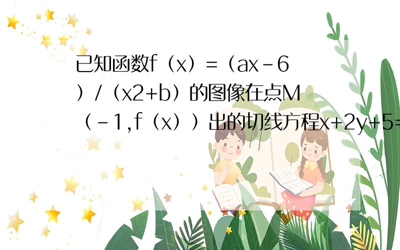 已知函数f（x）=（ax-6）/（x2+b）的图像在点M（-1,f（x））出的切线方程x+2y+5=01）求函数y=f（x）的解析式2）求函数y=f（x ）的单调区间