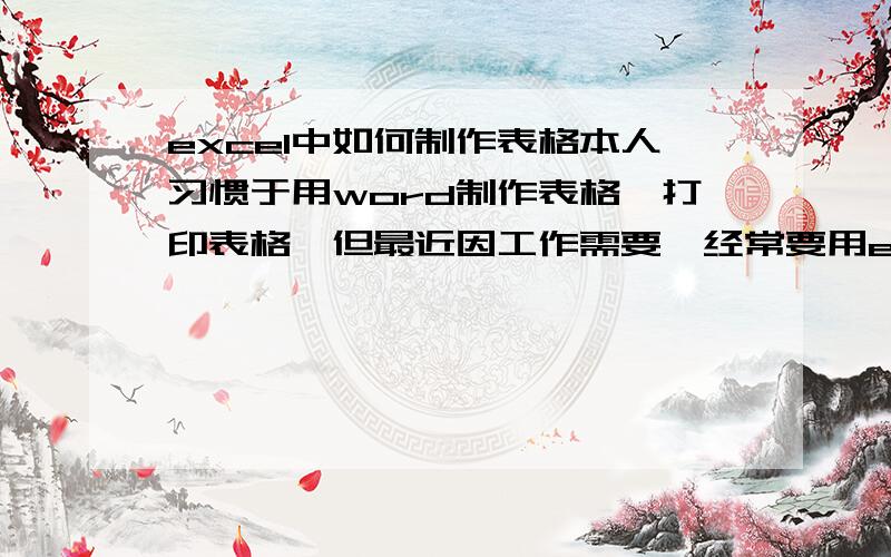 excel中如何制作表格本人习惯于用word制作表格,打印表格,但最近因工作需要,经常要用excel制作表格,制作不是问题,关键是打印时的排版,如何使表格大小适合,如何编辑才使页面美观等,不好掌握