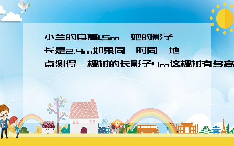 小兰的身高1.5m,她的影子长是2.4m如果同一时同一地点测得一棵树的长影子4m这棵树有多高?