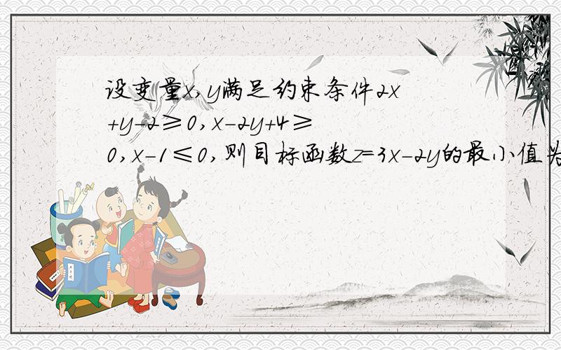 设变量x,y满足约束条件2x+y-2≥0,x-2y+4≥0,x-1≤0,则目标函数z=3x-2y的最小值为A -5  B -4   C -2   D 3