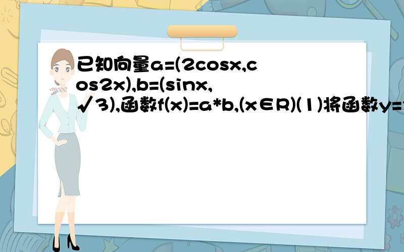 已知向量a=(2cosx,cos2x),b=(sinx,√3),函数f(x)=a*b,(x∈R)(1)将函数y=2sinx的图像做怎样的变换可以得到函数f(x)的图像(2)求函数f（x）区间[0,π/2]上的最大值和最小值(3)若f(x0)=6/5,x0∈[0,π/2],求cos2x0的值