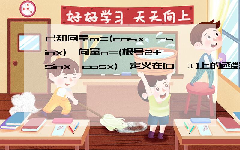 已知向量m=(cosx,-sinx),向量n=(根号2+sinx,cosx),定义在[0,π]上的函数f（x）=/m+n/^2-4（1）求函数f（x）的最大值和最小值（2）当f（x）=根号2时,求cos2x的值