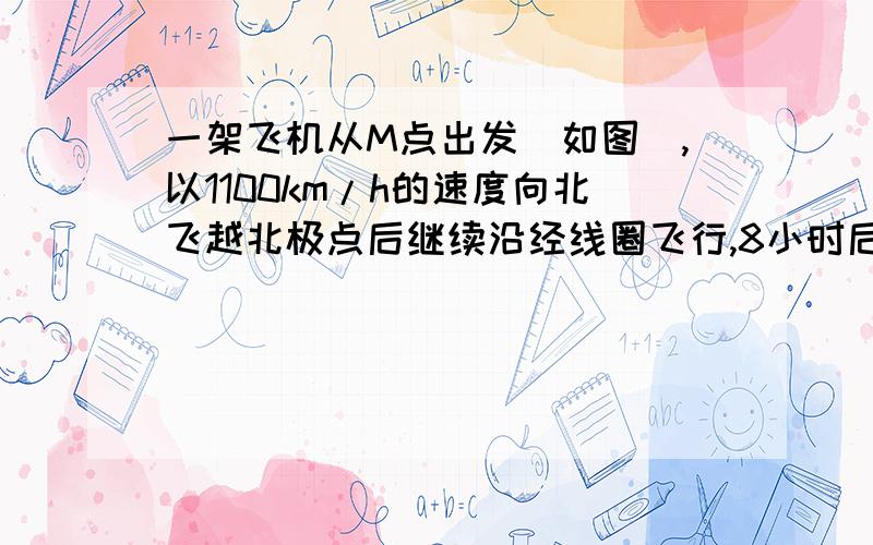 一架飞机从M点出发（如图）,以1100km/h的速度向北飞越北极点后继续沿经线圈飞行,8小时后到达地的地理位置