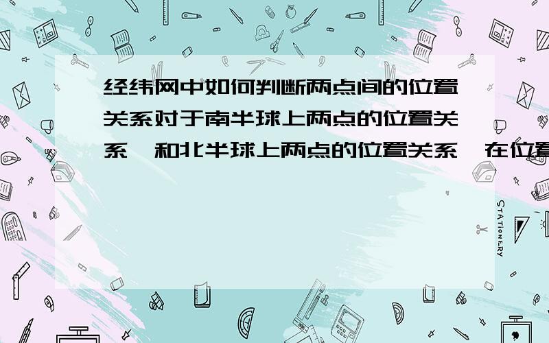 经纬网中如何判断两点间的位置关系对于南半球上两点的位置关系,和北半球上两点的位置关系,在位置上的差别有哪些?如何跟据地球自转方向判断两点的位置上的关系?这是高一地理的问题,