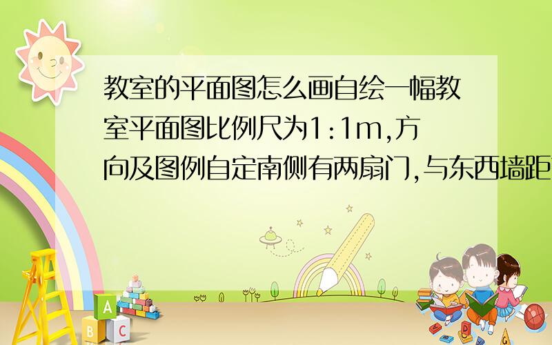 教室的平面图怎么画自绘一幅教室平面图比例尺为1:1m,方向及图例自定南侧有两扇门,与东西墙距离各为1.5米,门宽1米,有两扇窗在北侧,与东西墙距离2米,窗宽2米教室东西长10米,南北宽6米讲台