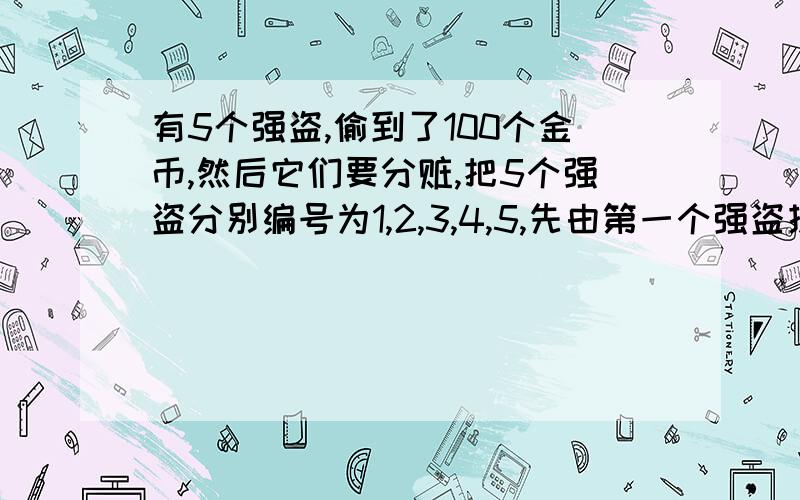 有5个强盗,偷到了100个金币,然后它们要分赃,把5个强盗分别编号为1,2,3,4,5,先由第一个强盗提出分赃方案,假如有半数以上（包括他自己,3个也算）同意,则选用他的方案,反之,如果不通过,则要将