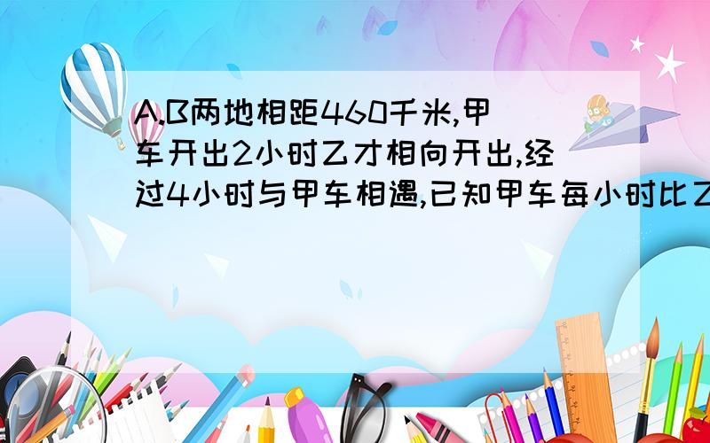 A.B两地相距460千米,甲车开出2小时乙才相向开出,经过4小时与甲车相遇,已知甲车每小时比乙车多行10千米,求甲车速度