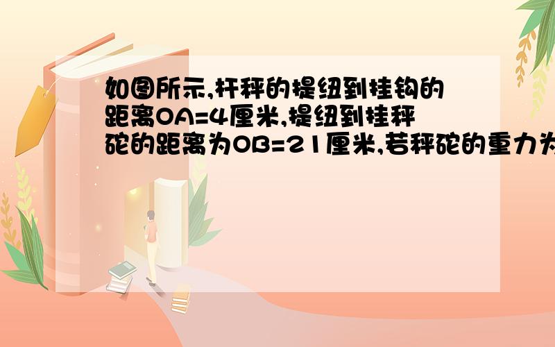 如图所示,杆秤的提纽到挂钩的距离OA=4厘米,提纽到挂秤砣的距离为OB=21厘米,若秤砣的重力为10牛顿,所称物体的重力是多少?