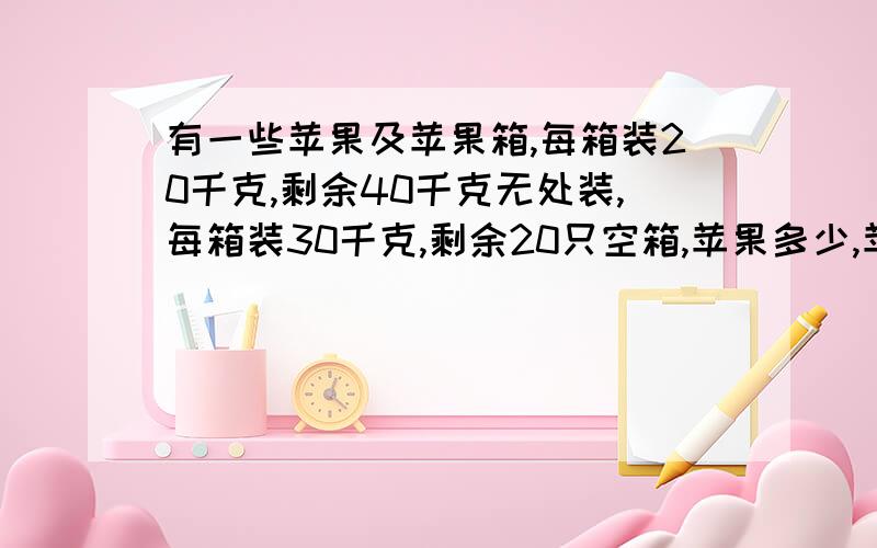 有一些苹果及苹果箱,每箱装20千克,剩余40千克无处装,每箱装30千克,剩余20只空箱,苹果多少,苹果箱多少