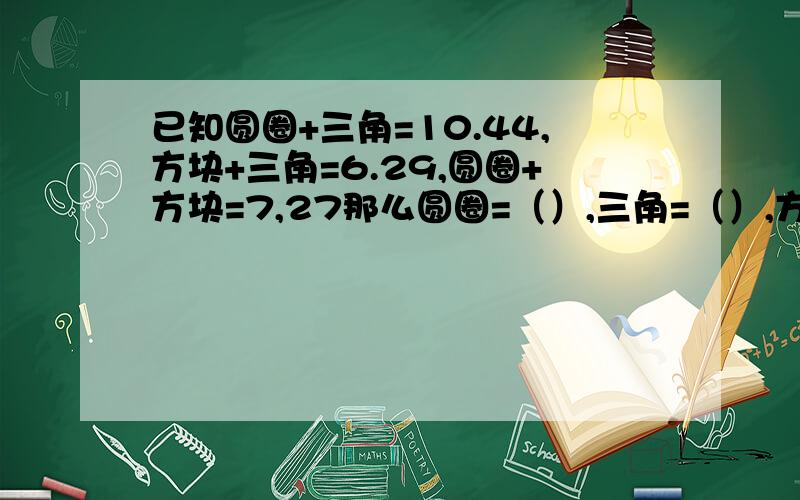 已知圆圈+三角=10.44,方块+三角=6.29,圆圈+方块=7,27那么圆圈=（）,三角=（）,方块=（）.