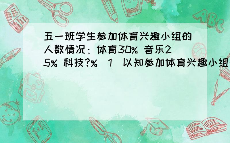 五一班学生参加体育兴趣小组的人数情况：体育30% 音乐25% 科技?%（1）以知参加体育兴趣小组的有12人,五一班共有多少人?（2）参加科技兴趣小组的同学占全班人数的百分之几?（3）参加音乐