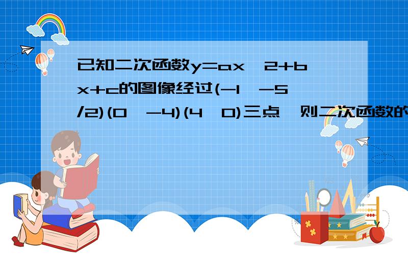 已知二次函数y=ax^2+bx+c的图像经过(-1,-5/2)(0,-4)(4,0)三点,则二次函数的解析式是___,定点D的坐标是_____,对称轴是______,S四边形OBDC=_______B(0,-4) C(4,0)